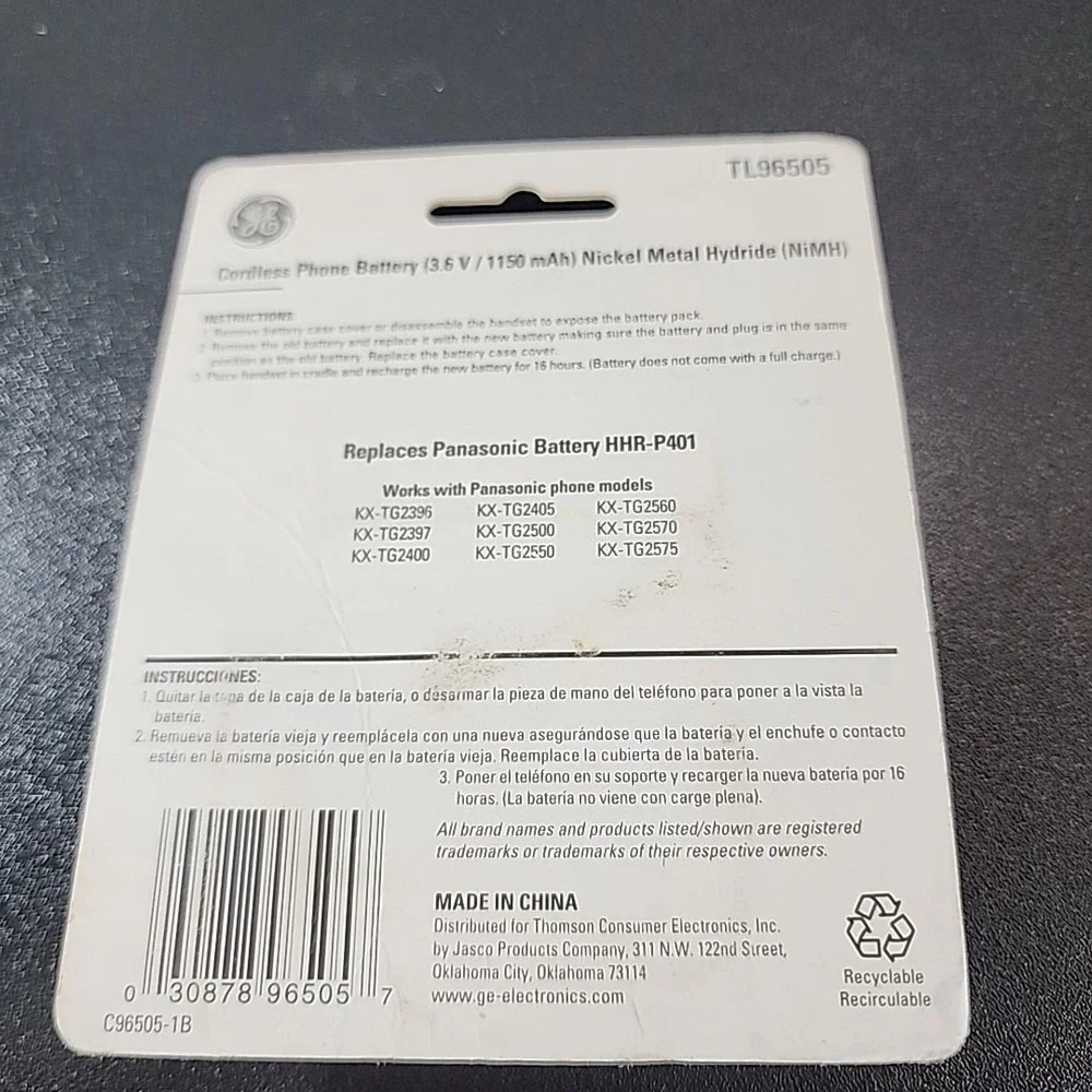 TL96505 GE Cordless Phone Battery 3.6V/1150mAh NiMH - For Panasonic 2.4Hz Phones